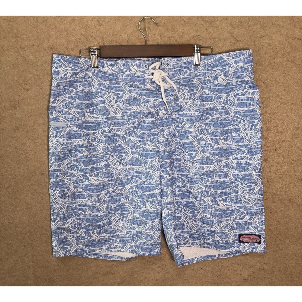 Vineyard‎ Vines Board Shorts Mens 36 Blue Blue Fish AOP Pockets 9" Inseam